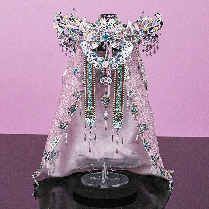 Steel Red Dress With Green Phoenix Crown And Fan 3D Metal Assembly Model Chinese Style Diy Wedding Gift For Women - Image 1